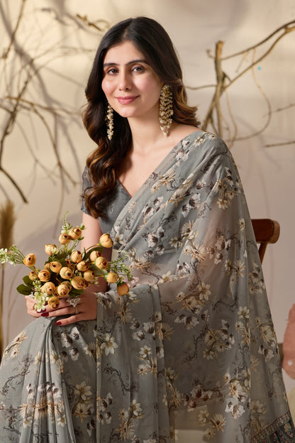 Grey Floral Printed Georgette Saree With Designer Pallu for Women