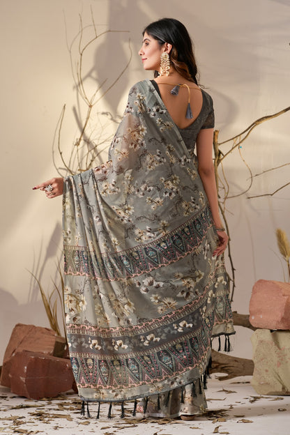 Grey Floral Printed Georgette Saree With Designer Pallu for Women