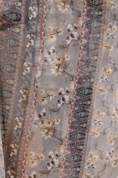 Grey Floral Printed Georgette Saree With Designer Pallu for Women
