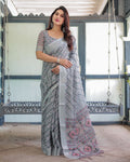 Grey Ikat Print Linen Saree with Elegant Design