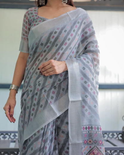 Grey Ikat Print Linen Saree with Elegant Design for Women