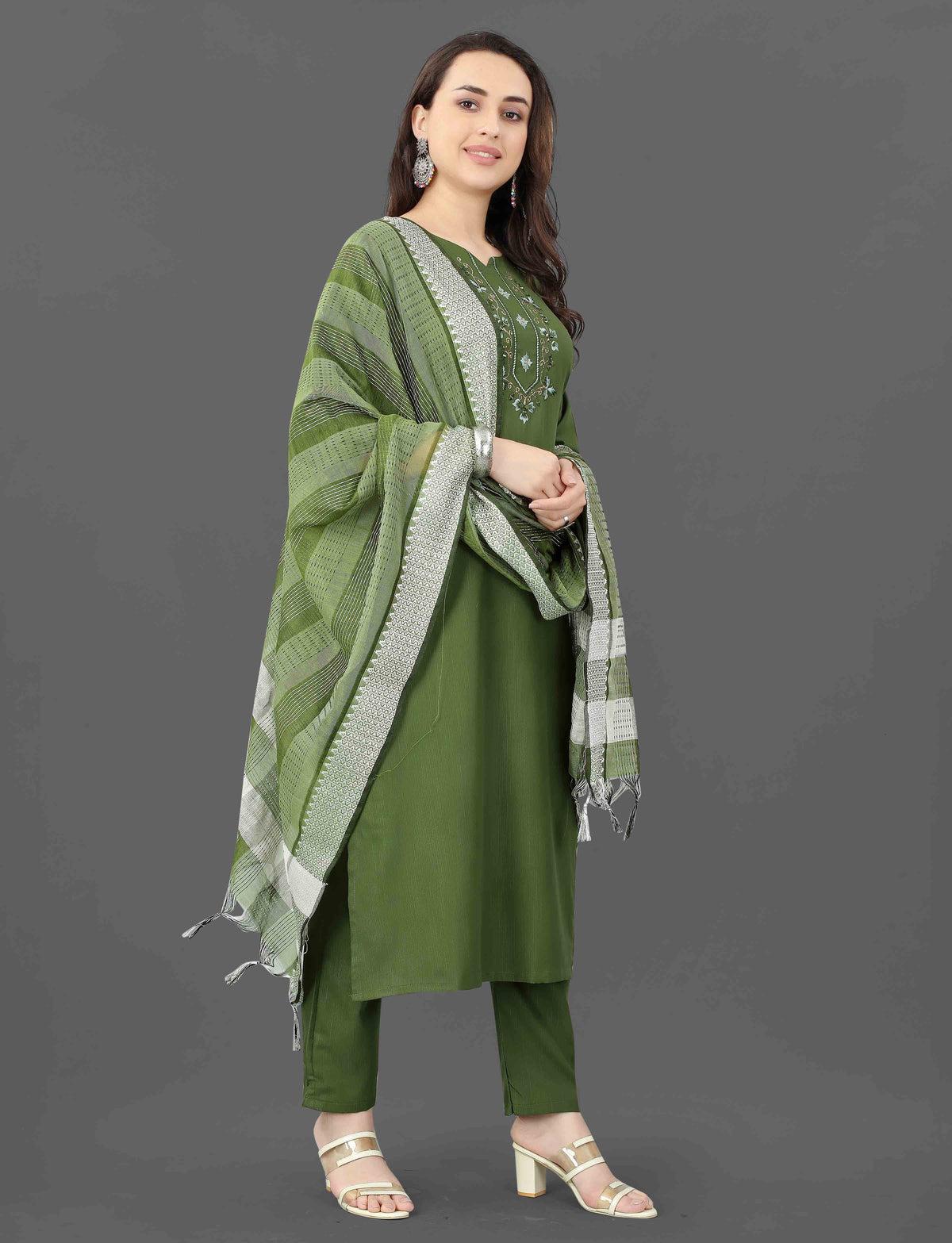 Grey Embroidered Kurta Pant Dupatta Set for Women