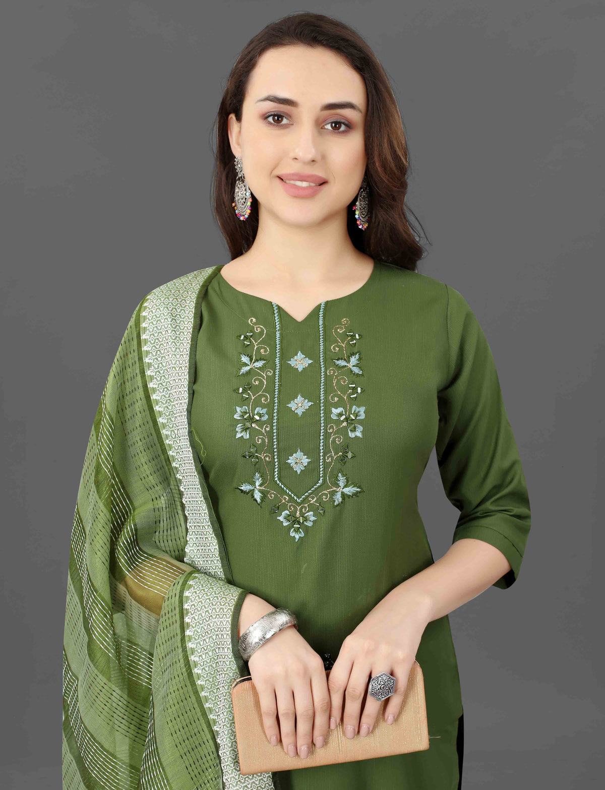 Grey Embroidered Kurta Pant Dupatta Set for Women