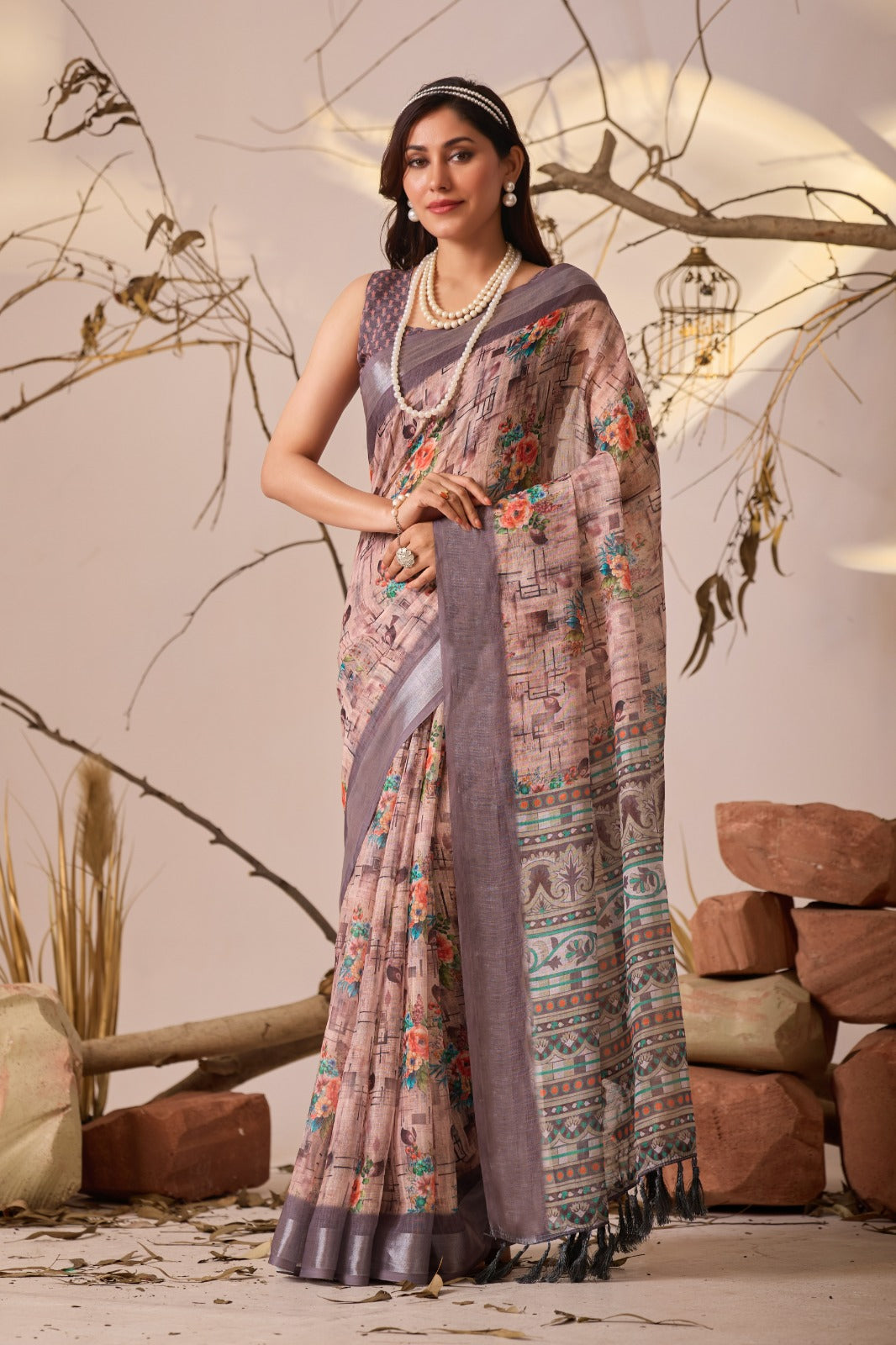 Grey Blossom Linen Cotton Designer Saree for Women