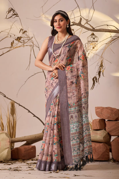 Grey Blossom Linen Cotton Designer Saree for Women