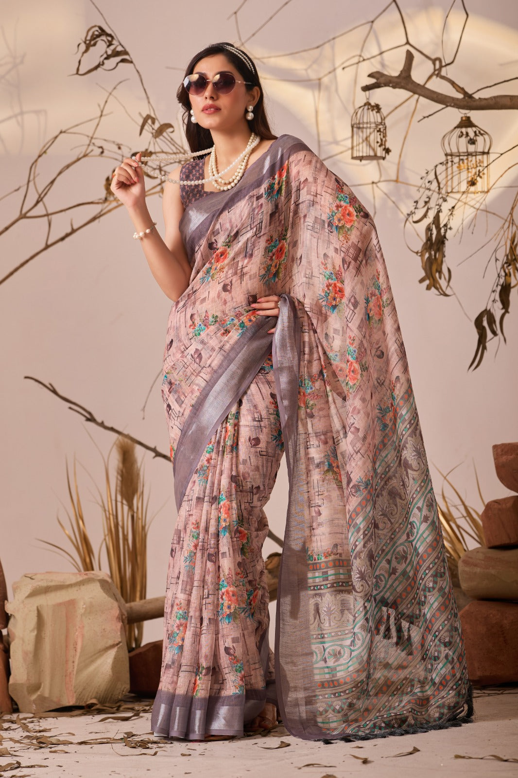 Grey Blossom Linen Cotton Designer Saree for Women