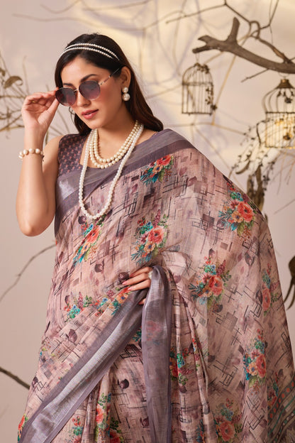 Grey Blossom Linen Cotton Designer Saree for Women