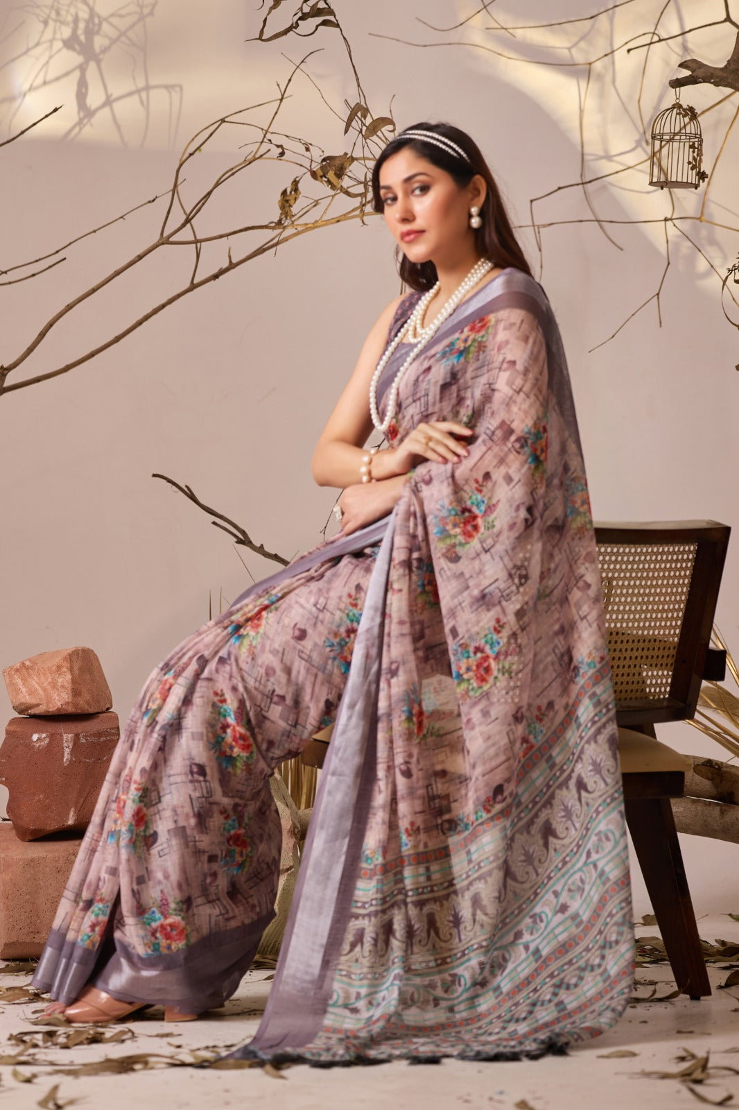 Grey Blossom Linen Cotton Designer Saree for Women