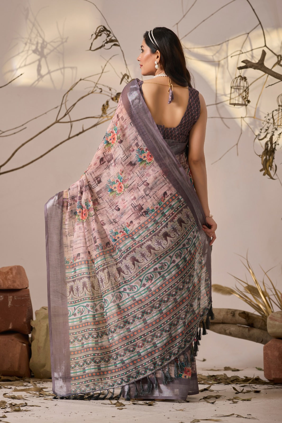 Grey Blossom Linen Cotton Designer Saree for Women