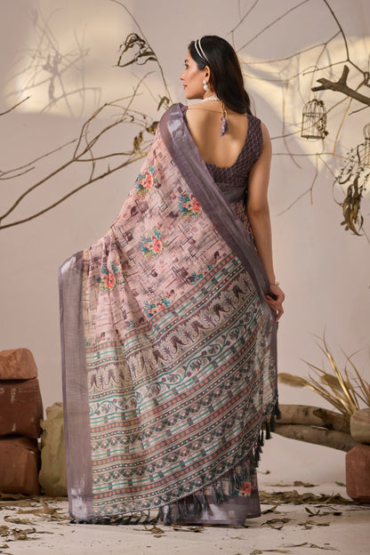 Grey Blossom Linen Cotton Designer Saree for Women