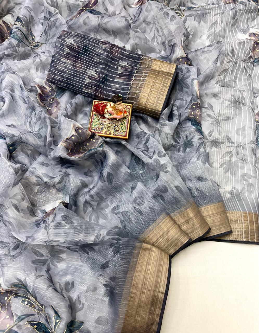 Elegant Grey Floral Organza Cotton Silk Saree for Women