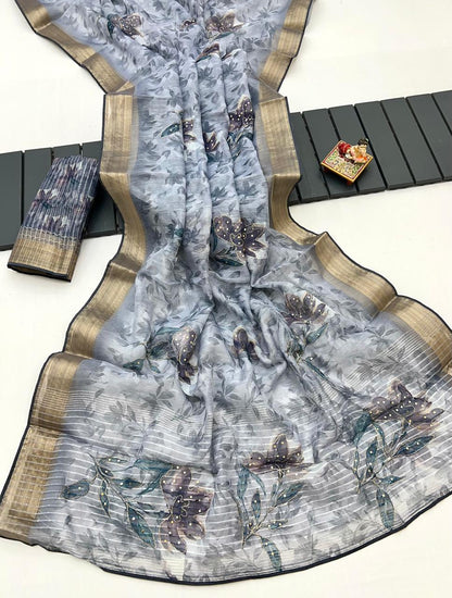 Elegant Grey Floral Organza Cotton Silk Saree for Women