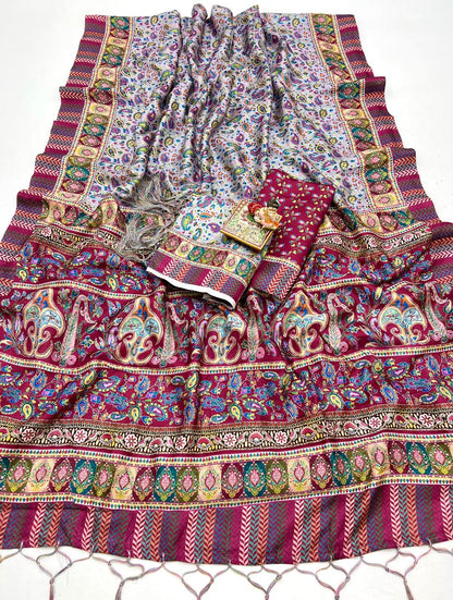 Grey Paisley Pashmina Saree with Shawl &amp; Blouse for Women