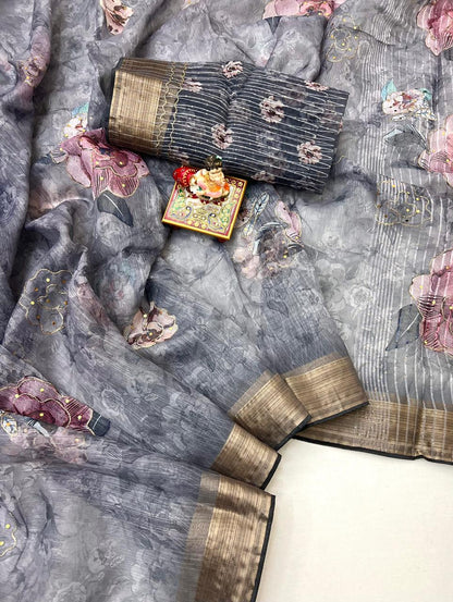 Grey Petal Digital Print Organza Cotton Silk Saree for Women