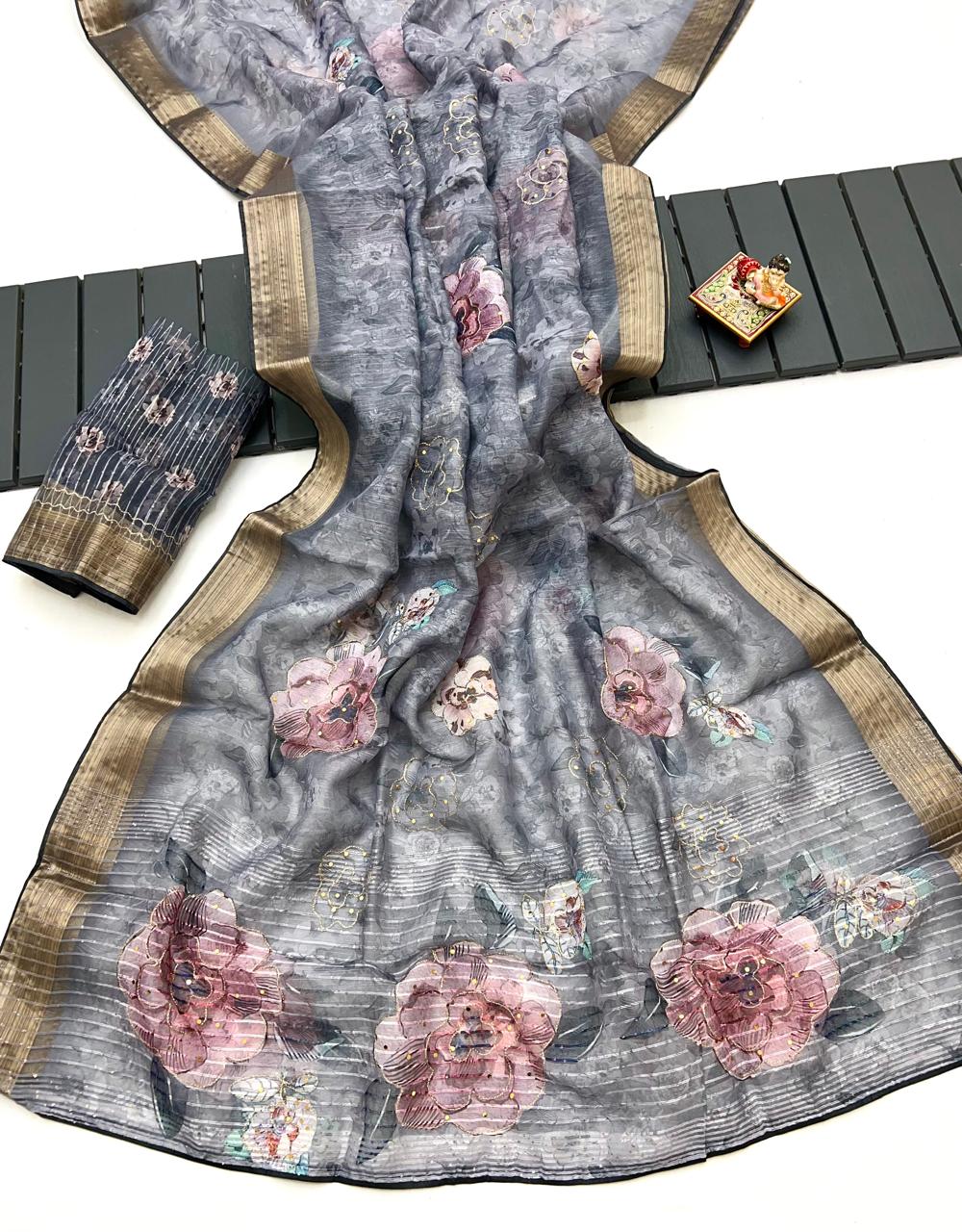 Grey Petal Digital Print Organza Cotton Silk Saree for Women