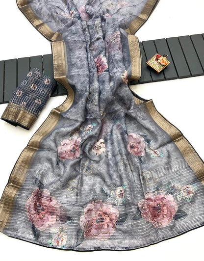 Grey Petal Digital Print Organza Cotton Silk Saree for Women