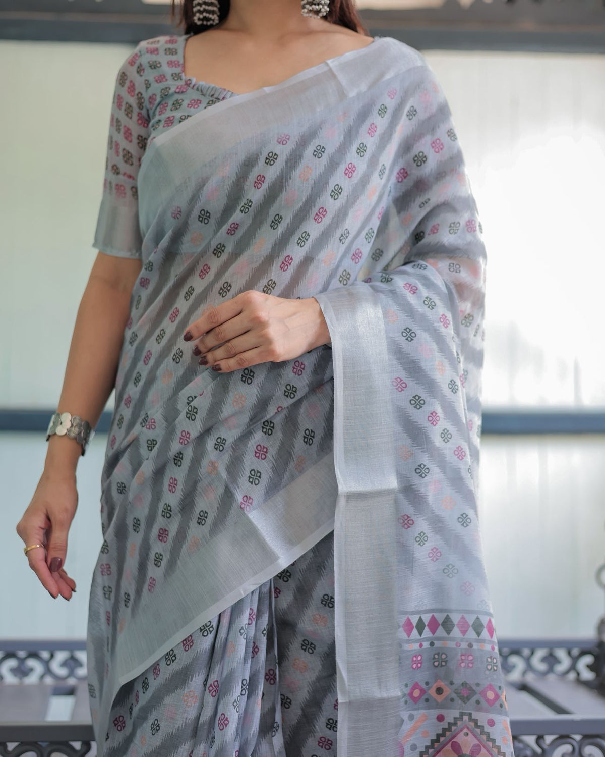 Soft Grey Pure Linen Ikat Printed Saree with Blouse for Women