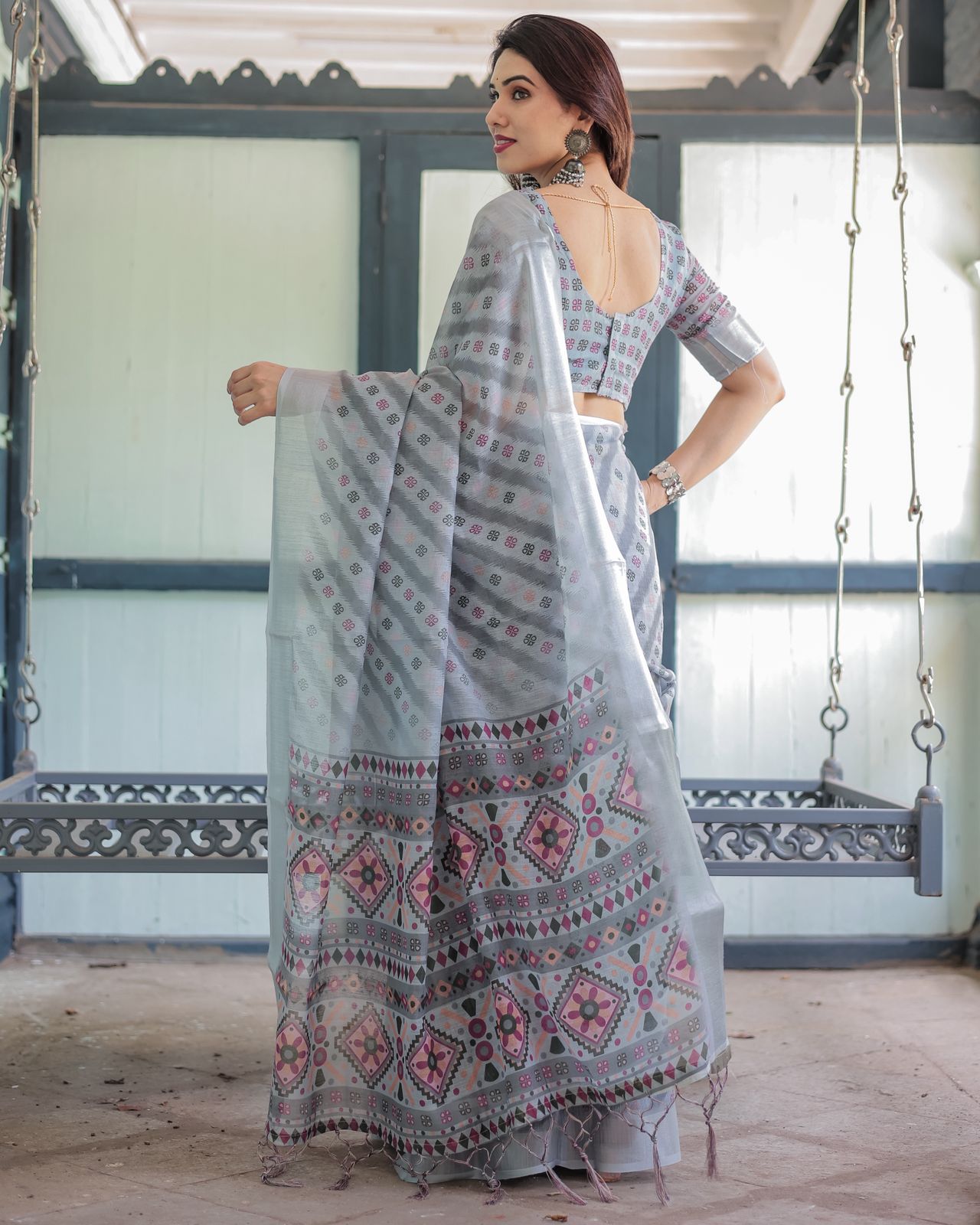 Soft Grey Pure Linen Ikat Printed Saree with Blouse