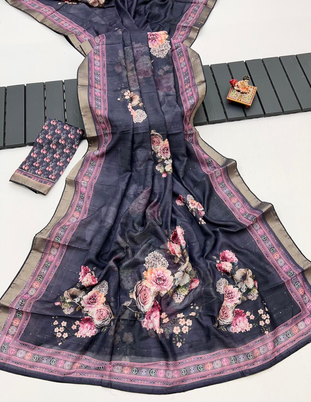 Handwork Grey Cotton Saree With Floral Print for Women