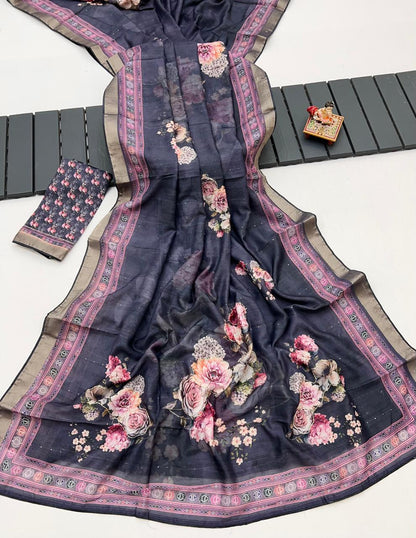 Handwork Grey Cotton Saree With Floral Print for Women