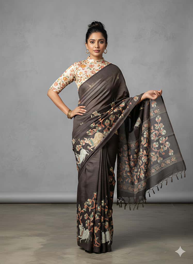 Heavy Handloom Tussar Silk Saree with Animal Digital Print for Women