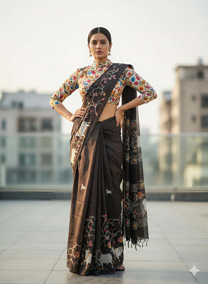Heavy Handloom Tussar Silk Saree with Animal Digital Print for Women