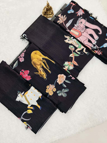 Heavy Handloom Tussar Silk Saree with Animal Digital Print for Women