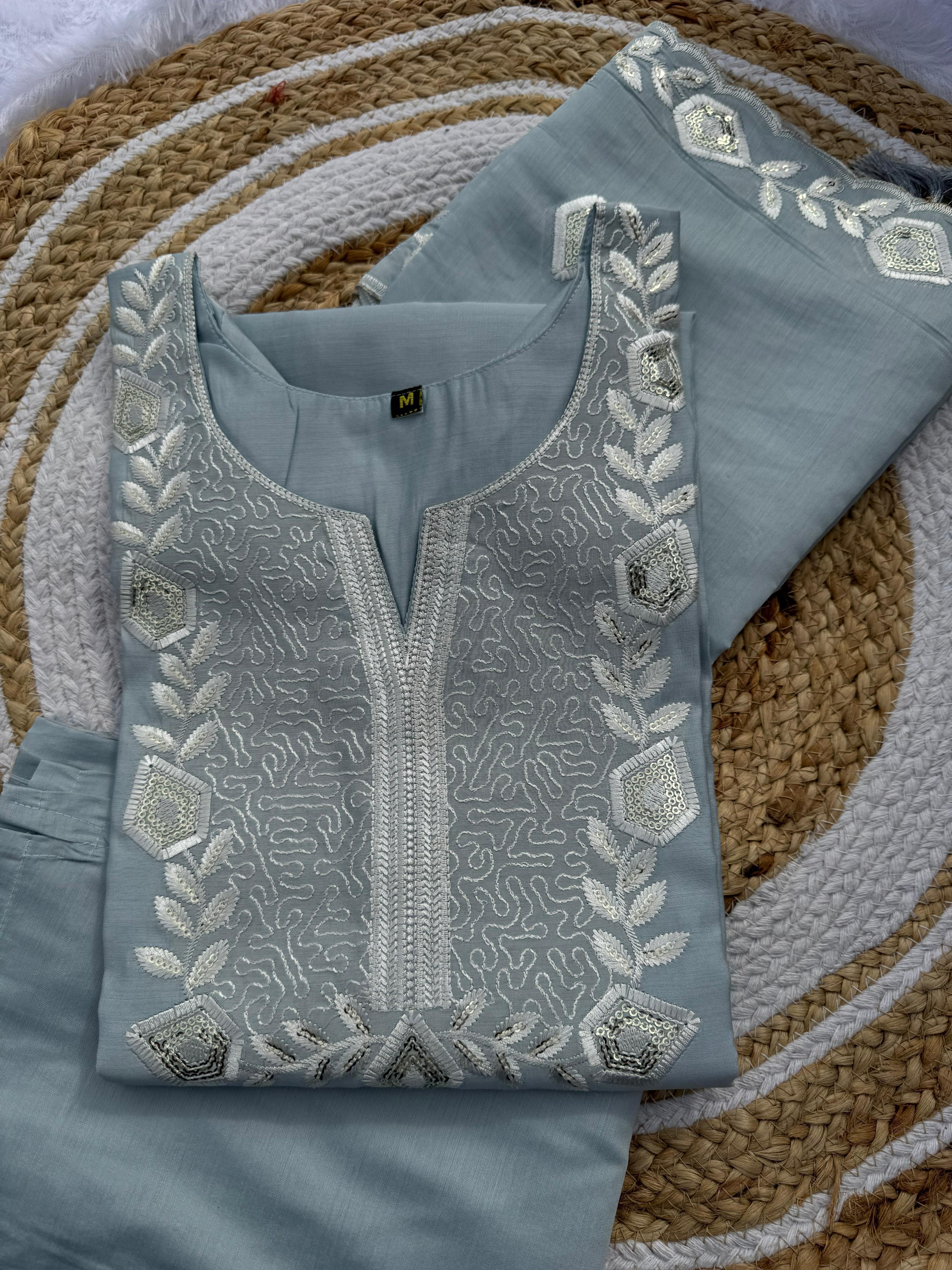 Ice Blue Embroidered Roman Silk Kurti Set Online