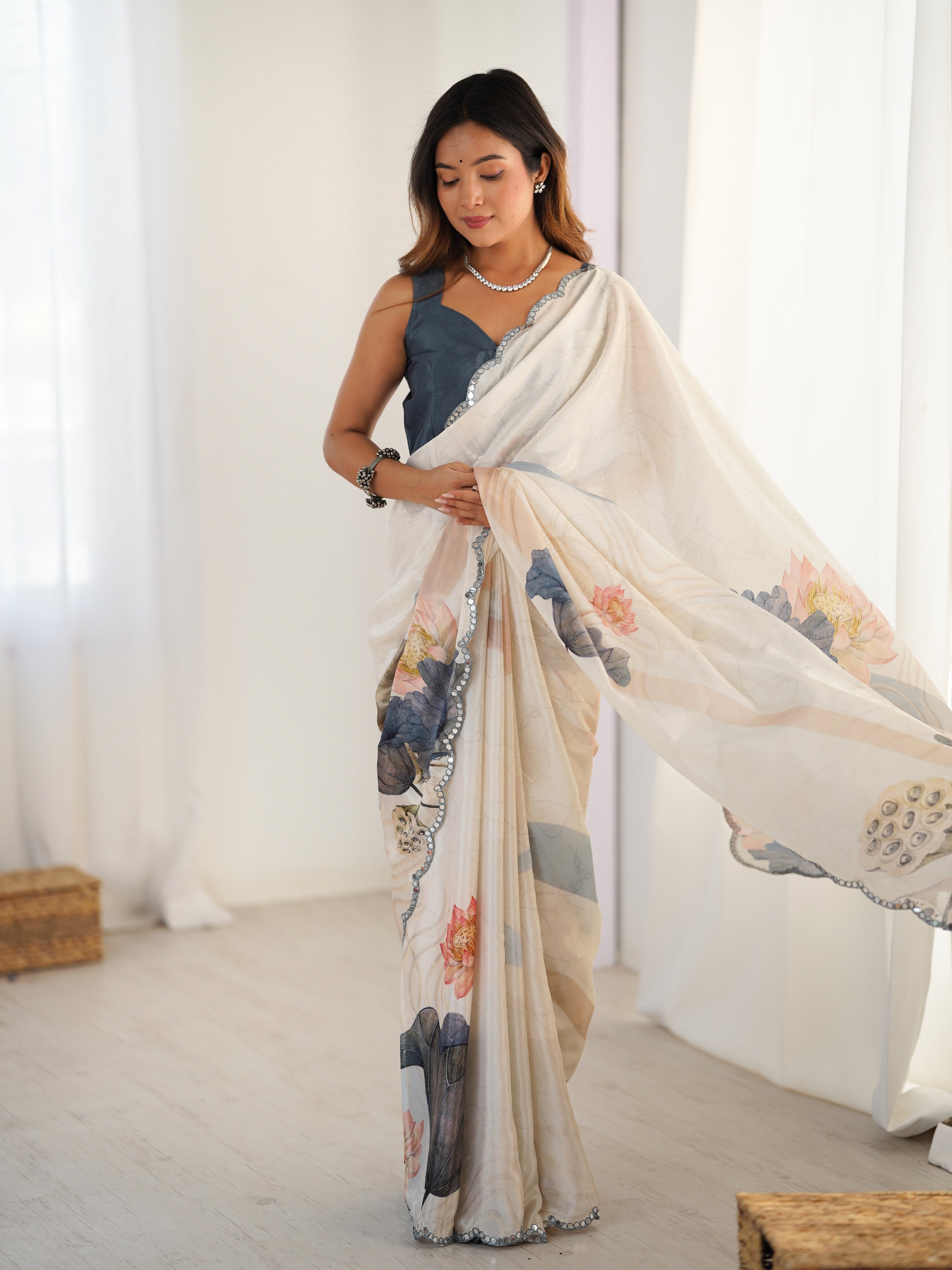 Ivory Beige Luxury Chinon Saree