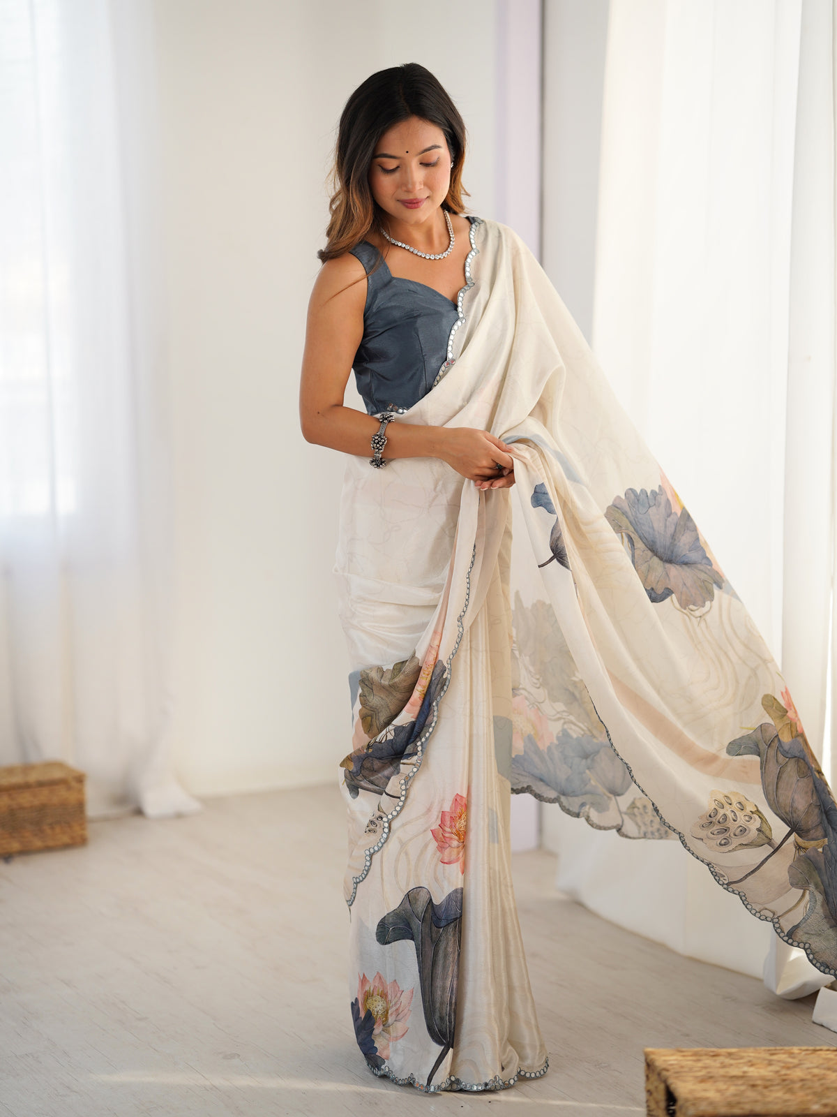 Ivory Beige Luxury Chinon Saree for Women
