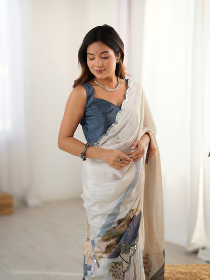 Ivory Beige Luxury Chinon Saree for Women