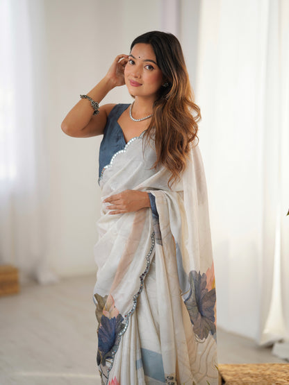 Ivory Bloom Heavy Chinnon Saree with Kutchi Mirror Lace for Women