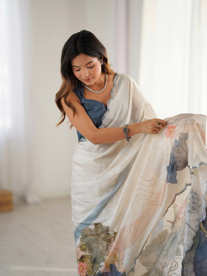 Ivory Bloom Heavy Chinnon Saree with Kutchi Mirror Lace for Women