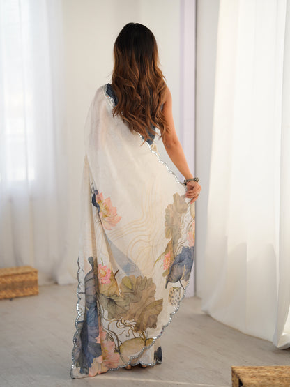 Ivory Bloom Heavy Chinnon Saree with Kutchi Mirror Lace for Women