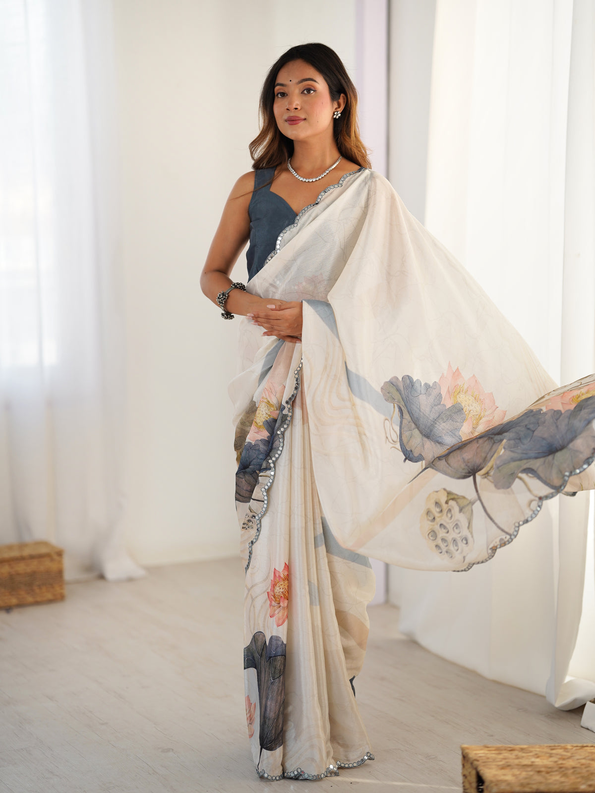 Ivory Bloom Heavy Chinnon Saree with Kutchi Mirror Lace for Women