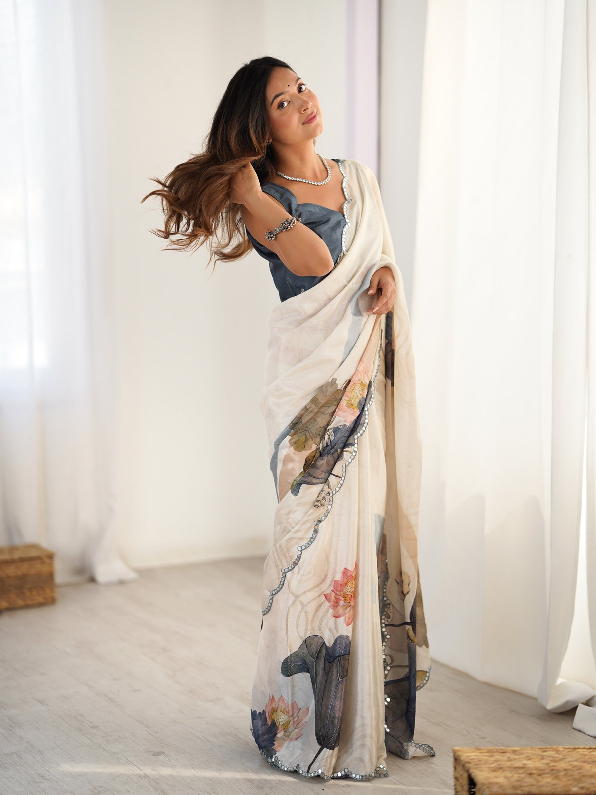 Ivory Bloom Heavy Chinnon Saree with Kutchi Mirror Lace for Women