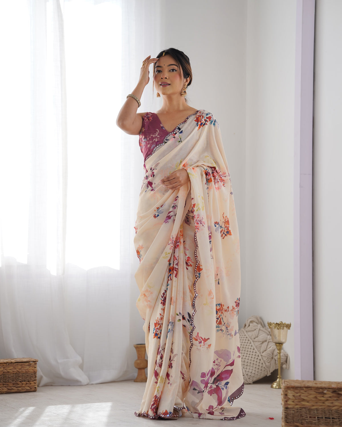 Ivory Bloom Chinon Saree with Designer Mirror Lace for Women