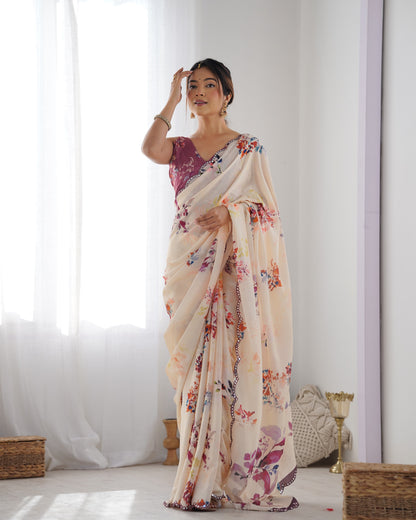 Ivory Bloom Chinon Saree with Designer Mirror Lace for Women