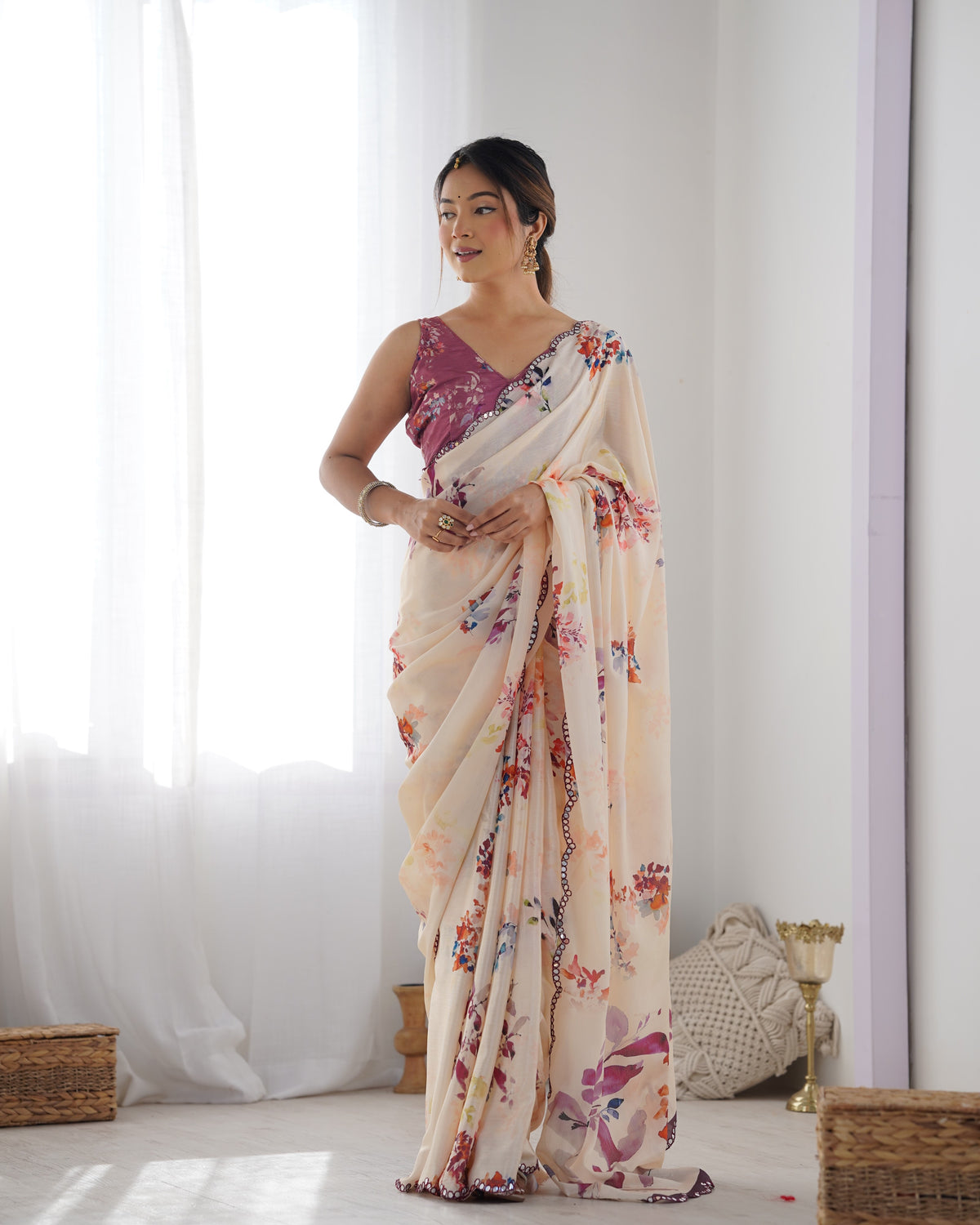 Ivory Bloom Chinon Saree with Designer Mirror Lace for Women