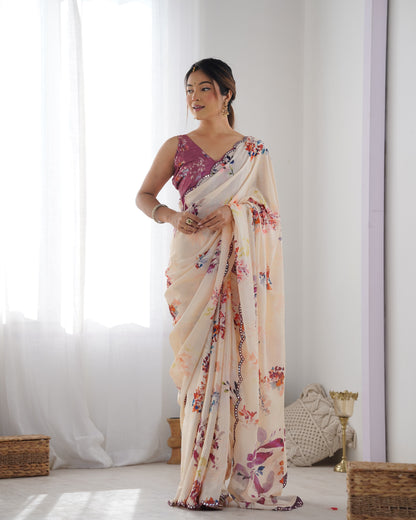 Ivory Bloom Chinon Saree with Designer Mirror Lace for Women