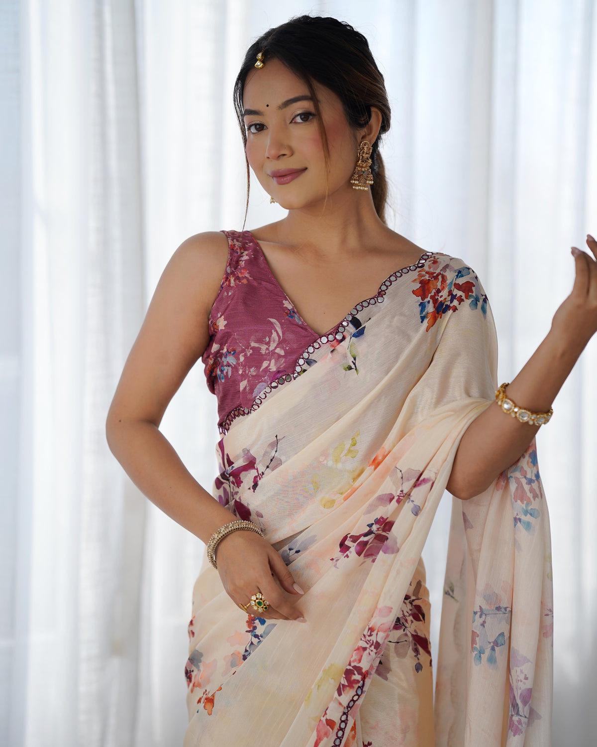Ivory Bloom Chinon Saree with Designer Mirror Lace for Women