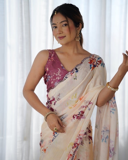 Ivory Bloom Chinon Saree with Designer Mirror Lace for Women