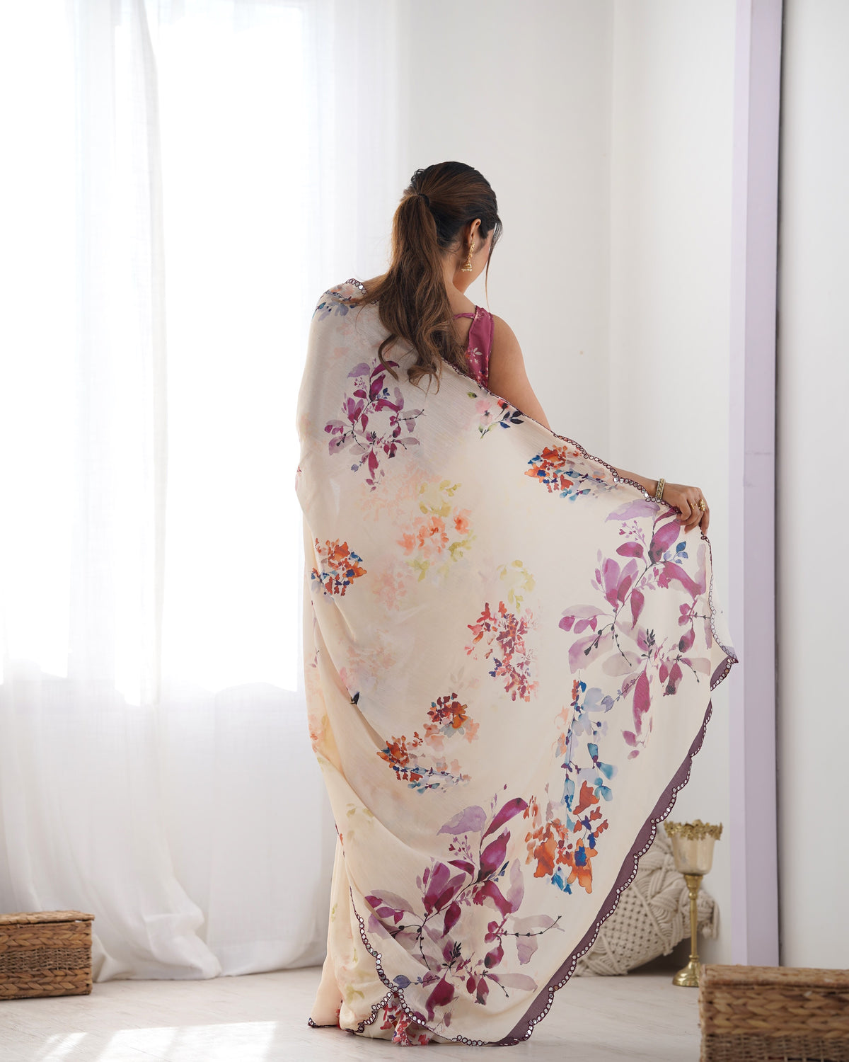 Ivory Bloom Chinon Saree with Designer Mirror Lace for Women