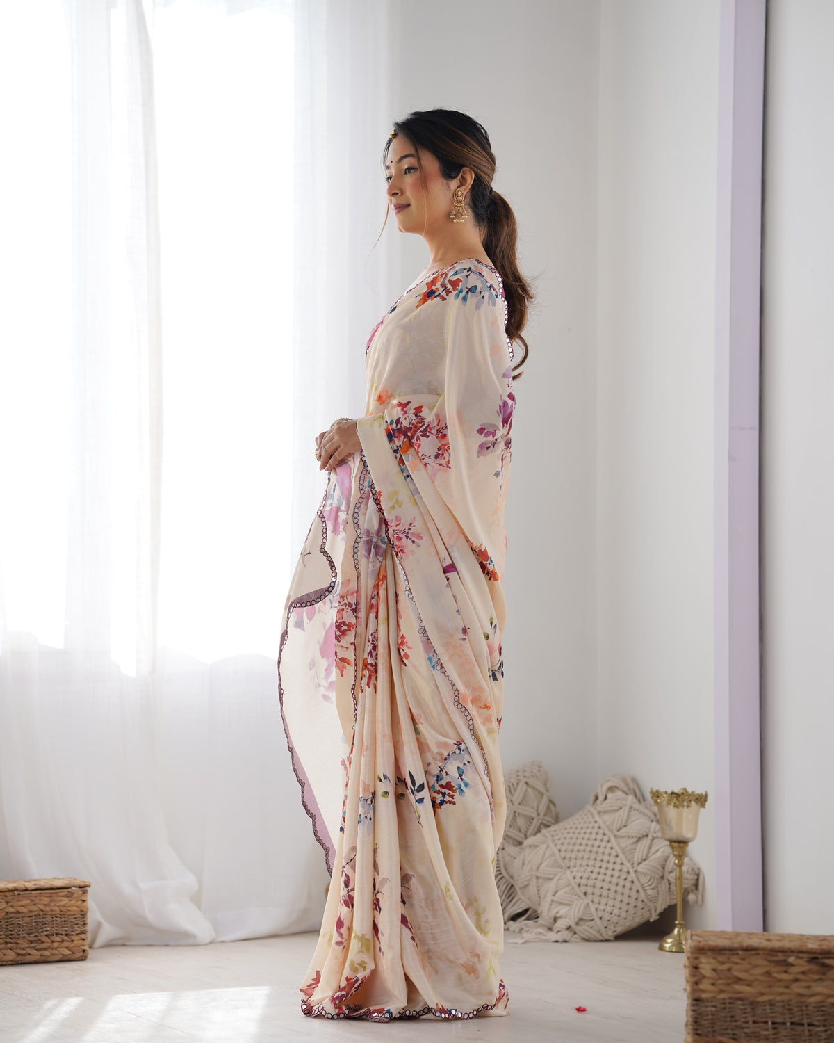 Ivory Bloom Chinon Saree with Designer Mirror Lace for Women