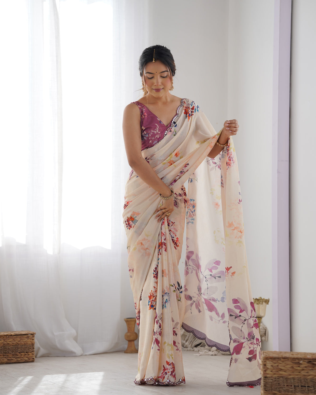 Ivory Bloom Chinon Saree with Designer Mirror Lace for Women