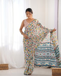Ivory Ethnic Print Chinon Saree for Women