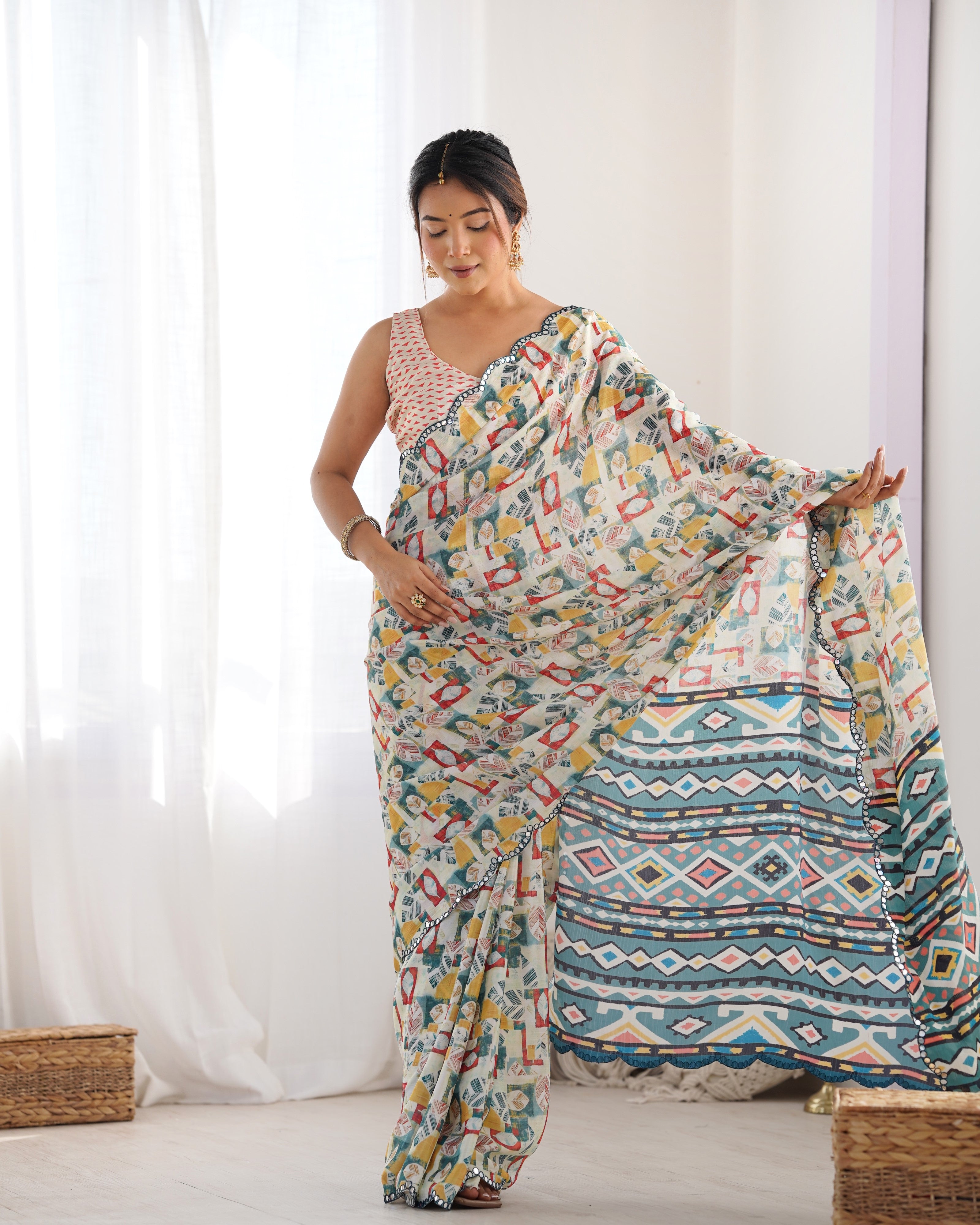 Ivory Ethnic Print Chinon Saree for Women