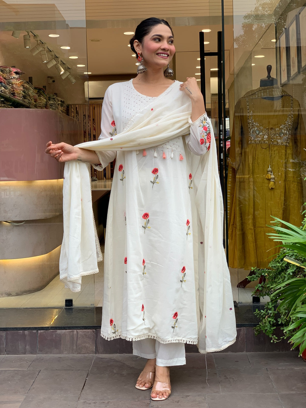 Ivory Floral Embroidered Chanderi Silk Kurta Set Women 2 for Women