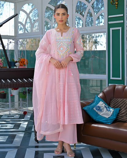 Ivory Floral Embroidered Chanderi Silk Kurta Set Women for Women