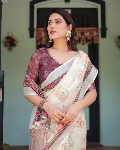 Ivory Geometric Print Pure Linen Saree with Tassel Pallu for Women